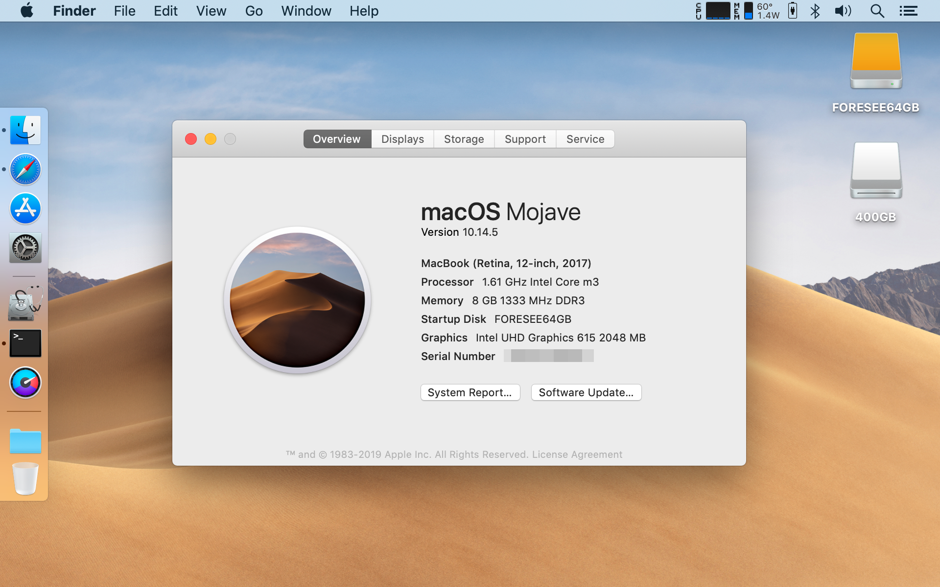 macOS Mojave 10.14.5 running on the GPD Pocket 2 m3-8100y